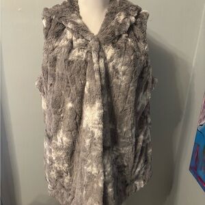 Dennis basso womens L faux fur hooded vest festival outerwear glam boho gray